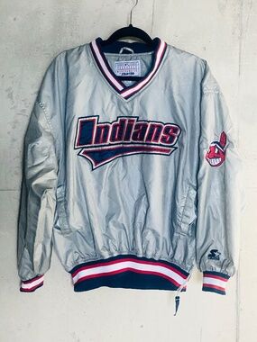 Vintage Starter Cleveland Indians Pullover Jacket Chief Wahoo M Satin Silver MLB